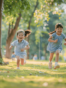 开学季摄影照片_亚洲人小朋友们在公园里快乐奔跑