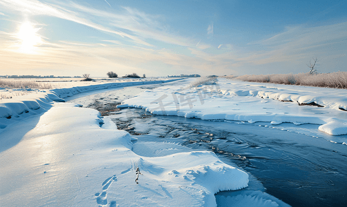 雪地唯美摄影照片_冰雪河流风景