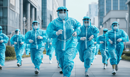 服务人摄影照片_亚洲人穿着防护服奔跑的医疗团队