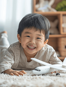 亚洲人快乐的小男孩玩开飞机游戏