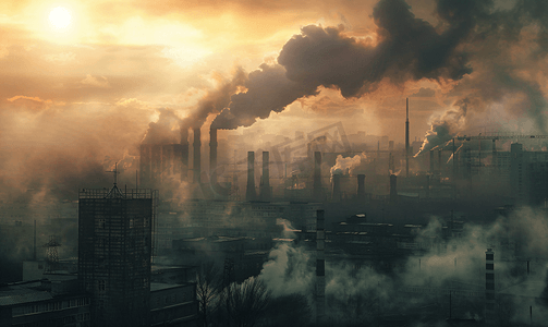 保护植物摄影照片_电厂的烟囱排放二氧化碳污染