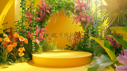 黄色绿植拱门展台合成创意素材背景