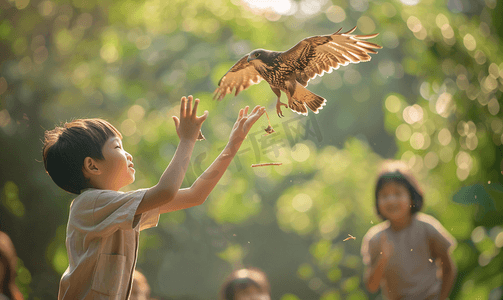 高兴人物摄影照片_亚洲人幼儿园可爱的小朋友们玩老鹰抓小鸡游戏