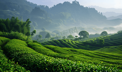 卡通茶叶包摄影照片_茶山沉寂春茶