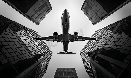黑白摄影照片_黑白商业飞机与建筑