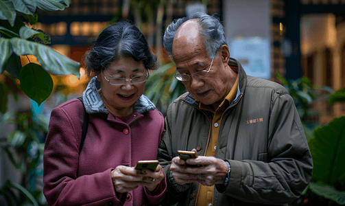 亚洲人老年夫妇在庭院使用手机2