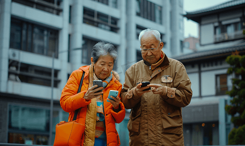 亚洲人老年夫妇在庭院使用手机2
