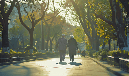 老年夫妇公园晨跑背影