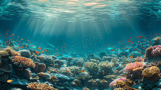 充满活力的珊瑚礁和游动的小鱼的海底透视照片