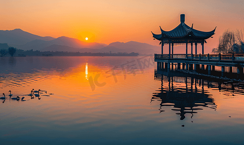 党史学习图片摄影照片_西湖的夕阳热情