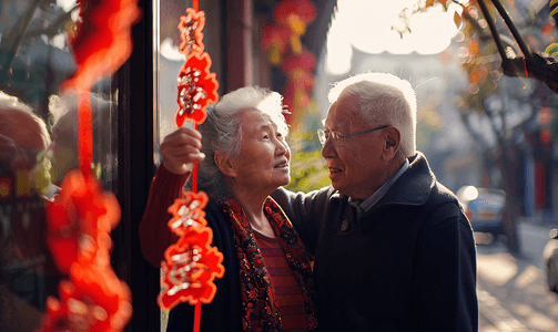 剪紙窗花摄影照片_亚洲人中国老年夫妇贴窗花