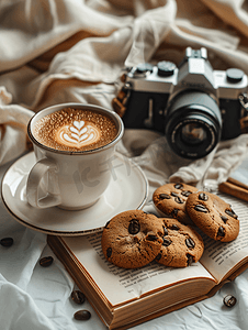 学习氛围摄影照片_创意生活氛围相机咖啡和饼干书本