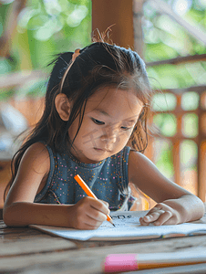 亚洲人小女孩写作业