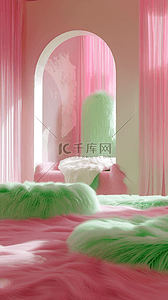 电商促销背景图片_春天室内绿粉色毛绒绒3D促销电商展台背景