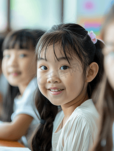 亚洲人可爱的小学女生在教室里