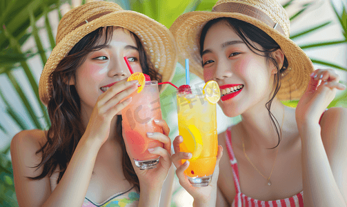 夏日清新饮品摄影照片_亚洲人快乐的青年女人品尝夏日饮品