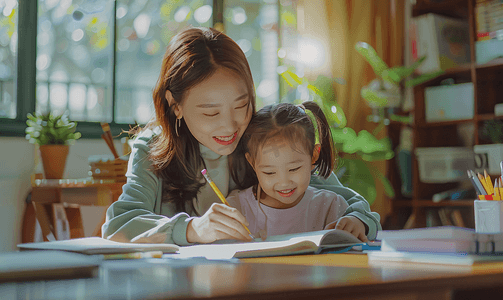 亚洲人辅导女儿做作业的青年女人