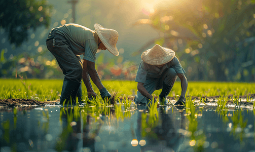 中国风黄色祥云边框摄影照片_插秧的农民伯伯们