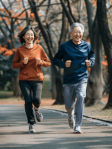 掌声动态图摄影照片_亚洲人老年夫妇在户外慢跑