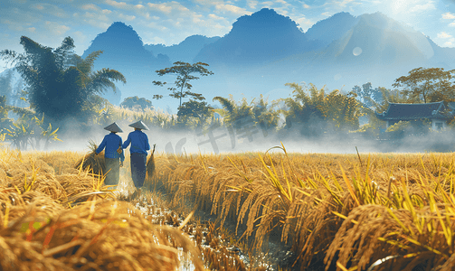 秋季农作物丰收摄影照片_水稻中国农民丰收节