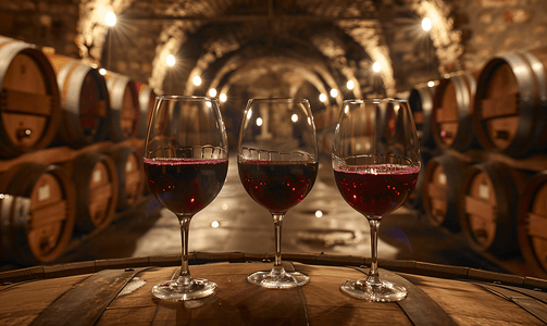前摄影照片_放在酒窖橡木桶前的红酒和盛有红酒的红酒杯