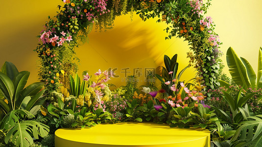 黄色绿植拱门展台合成创意素材背景