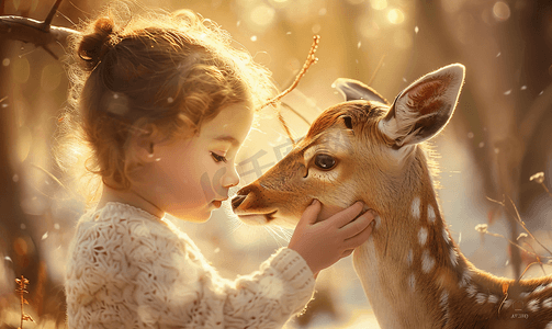 小鹿摄影照片_儿童与小鹿有爱