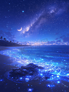 夜晚星光洒落在沙滩
