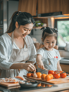 亚洲人年轻妈妈和女儿在厨房