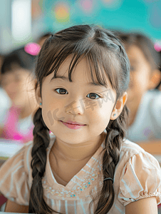 亚洲人可爱的小学女生在教室里