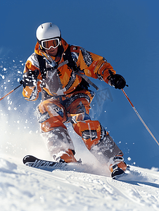 滑雪冒险摄影照片_亚洲人滑雪的青年男人