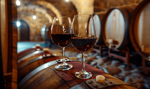 红葡萄摄影照片_放在酒窖橡木桶前的红酒和盛有红酒的红酒杯