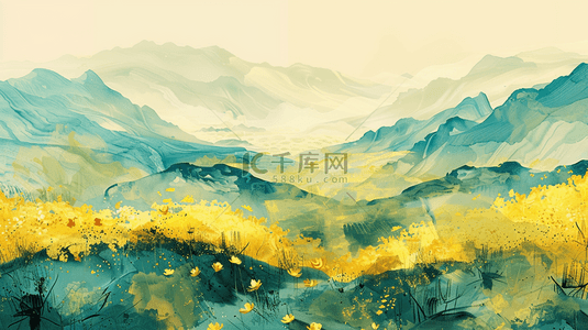 中国风手绘远山背景图片_彩色中国风油菜花风景背景