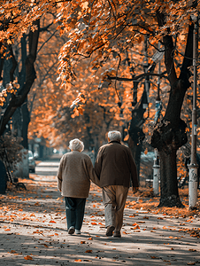 老人摄影照片_老年夫妇公园散步背影