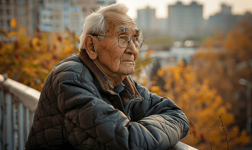 裤子摄影照片_在天台上的老人