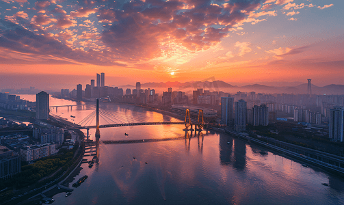 夕阳风光摄影照片_武汉城市风光日落时分的长江大桥黄鹤楼