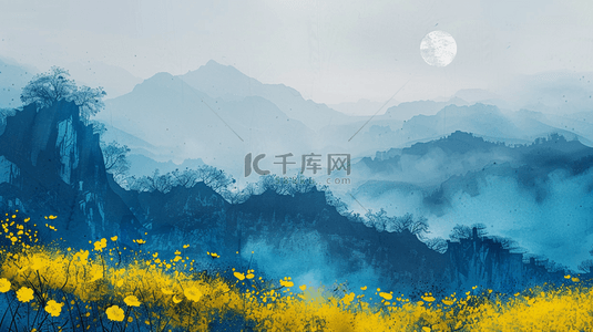 中国风手绘远山背景图片_彩色中国风油菜花风景背景