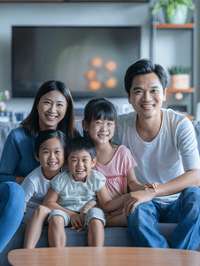 家庭和谐摄影照片_亚洲人幸福家庭看电视