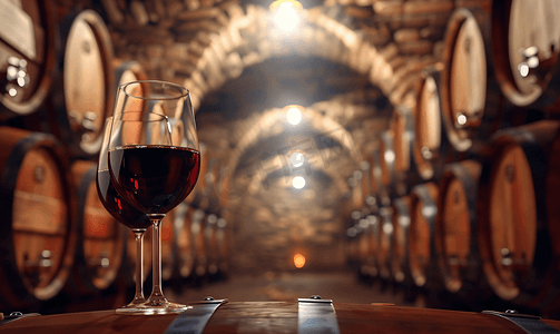 红酒瓶红酒杯摄影照片_放在酒窖橡木桶前的红酒和盛有红酒的红酒杯