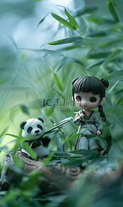 熊猫人蹦跶背景图片_3D人物小女孩带了一只熊猫动漫风格