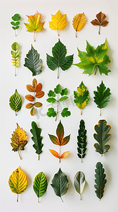 排列在纯白表面上的各种叶子