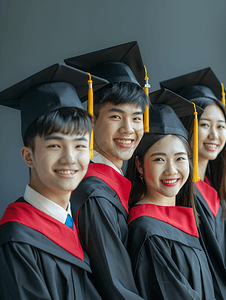 毕业纪念摄影照片_亚洲人大学生穿着学士服庆祝毕业