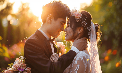 唯美浪漫婚礼新娘摄影照片_亚洲人浪漫的新郎和新娘