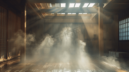 汗蒸摄影照片_薄雾笼罩的木质汗蒸大厅