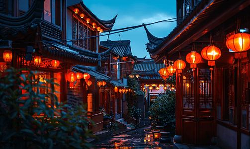 中国传统绘画摄影照片_西塘夜景传统建筑