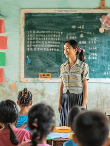 春天摄影照片_亚洲人乡村老师给小学生讲课