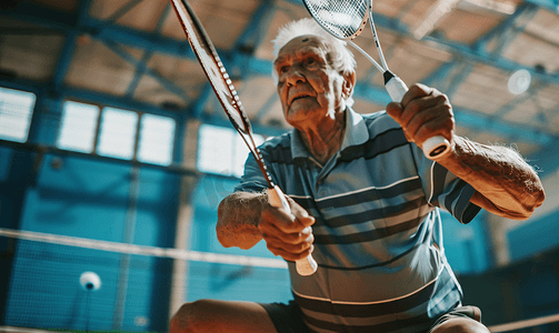 老年男性羽毛球运动发球特写