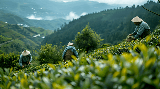 绿茶茶农在茶山上采茶