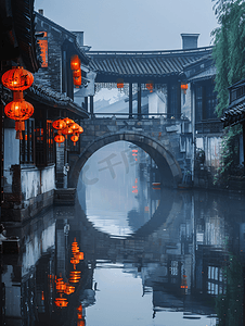 古风黑白摄影照片_江南锦溪廊桥和倒影