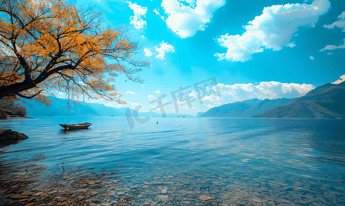 大气橘黄色背景摄影照片_泸沽湖大气